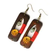 2Pair Ethnic Handmade Wood Jade Earrings Vintage Gold Daisies