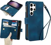 [GoshukunTech] for Samsung Galaxy S23 Ultra Wallet Case with 9 Card Holders,for Galaxy S23 Ultra 5G Case Zipper Coin Pocket PU Leather Flip Cover Kickstand Protective Phone Purse with Wrist Strap-Blue