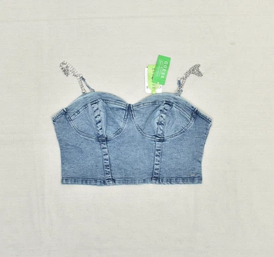 NEW Guess Women Crop Top Corset Strapless Cotton Blend Blue Size XL Denim Zip