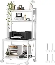 Printer Stand with Charging Station, 4-Tier Printer Stand with Storage, Large Tall Printer Table with Wheels for Home Office, Kitchen, Living Room, Printer Cart Beside Desk for Printer, Scanner White