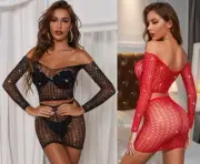 Lady Sexy Rhinestone Erotic Lingerie 2pcs See Through Fishnet Mini Top Skirt Set