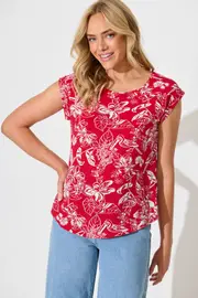 Rejina Top Cap Sleeve in Red with White Print 8