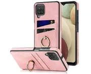 Full Protection Cover for Samsung Galaxy A12 5G, 2 Cards PU Leather Case with Ring Holder - Pink