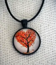 Tree of Life Pendant, Black Leather Necklace, Orange tones, Heart Tree