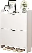 Generic 2-Tier Wooden Entrance Shoe Cabinet with Flip Drawers Shoe Organizer Cabinet Space Saving Narrow Shoe Storage Cabinet for Bedroom Living Room