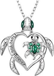 [SUPAC] Cute Green Turtle Mother and Child Pendant Necklace, Animal Jewelry, Christmas or Birthday Gift, Adjustable, Alloy Steel, Rhinestone
