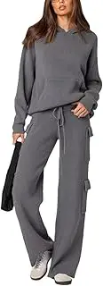 [Generic] Women's Knitted Multi-Pocket Pants Set Hooded Sweater Wide Leg Pant Two-Piece Set Jogging Tracksuits Lounge Sets