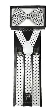 Bow Tie & Suspender High Quality Adjustable Combo Set White w/Black Polka Dot