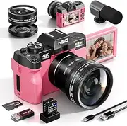 NBD 4K Digital Cameras for Photography - 48MP/60FPS Video Camera for Vlogging, WiFi & App Control, YouTube Vlogging Camera with 32GB TF Card. Wide-Angle & Macro Lens Included (Pink)