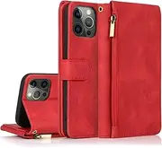 GoshukunTech for iPhone 12 Pro Max Case,for iPhone 12 Pro Max Wallet Case[ 8 Card Slots & 1 Zipper Coin Purse] Leather Wallet Flip Cover with Wrist Starp-Red