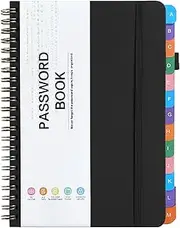 Password Book with Colorful Alphabetical Tabs, Password Keeper Notebook for Seniors, Password Organizer for Internet Website Logins, Spiral Hardcover Password Notebook with Pocket, 14 * 20cm，Black