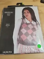Sweater Vest Womens S/M argyle Pink Gray 90s Preppy Halloween Costume #4007
