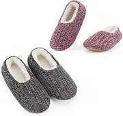 [Cozylook] 2-Pair Women's Soft Sole Slipper Socks with Grippers, Thick Warm Cozy Sherpa Lined Home Socks Set, Cable Knitted Non-slip Fluffy Winter House Bedroom Slippers