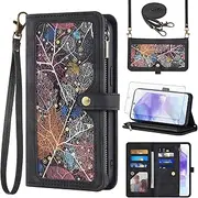 [Asuwish] Mobile Phone Case for Samsung Galaxy A55 5G Case with Strap Film Screen Protector Card Slot Foldable Leather Wallet Stand A 55 55A A555G Mobile Phone Cases Protective Mobile Phone Cases Wallet