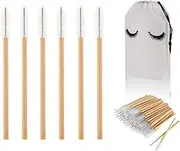 100 Pack Bamboo Mascara Wands with Reusable Drawstring Bag, Black Disposable Eyelash Spoolies, Lash and Eyebrow Brushes for Extensions(White)