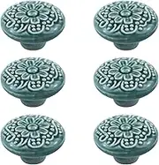Geesatis 6 Pcs Cabinet Knobs Round Ceramic Pulls Flower Vintage Knobs Handles for Home Decoration Handle Hardware (Dark Green)