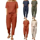 Retro Summer Blouse Pants Sets for Women Solid Color 2PC Casual Tracksuit