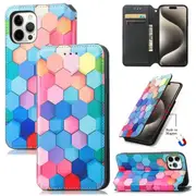 CaseNeo For Apple iPhone 15 Pro Max Leather Wallet Flip Case With RFID Blocking Credit Card Holder Slots Cover - Colored Squares