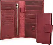 Contacts Full Grain Leather Family Passport Holder for 4 Womens Airtag Passport Wallet RFID Blocking Travel Passport Cover with 4 Passport Slot, 6 Card Slot (Red), Wine Red, Minimalism