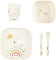 Sterntaler Edda Lou Duck Ecru Crockery Set of 5 for Boys and Girls Consisting of Drinking Cup, Square Plate, Square Porridge Bowl and Spoon and Fork