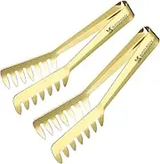 MSY BIGSUNNY 8 Inch Stainless Steel Pasta Tongs, Spaghetti Tongs with Teeth, Serving Tongs for Noodles, Spaghetti, Cooking (Set of 2, Shiny Gold)