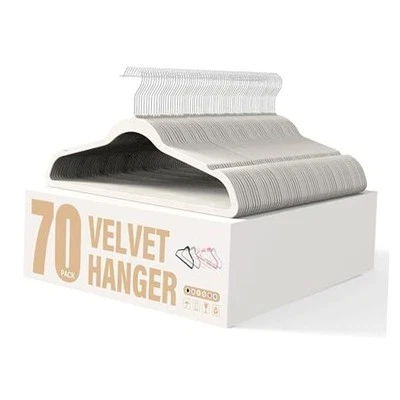 Velvet Hangers Non-Slip Clothes Hangers with Shoulder Notches, 70 Pack White