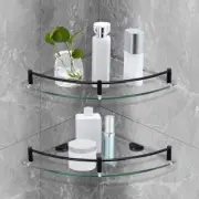 Glass Shelf, Black, 2 Pack, Bathroom Glass Floating Shower Shelves with Rail, 9.