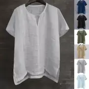 Mens T Shirts V Neck Tops Men Casual Cotton Linen Work Fashion Basic Tee Plain