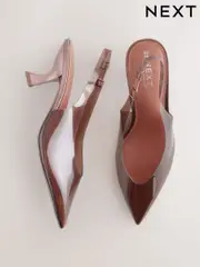 Chocolate Brown Forever Comfort® Point Toe Vinyl Slingback Kitten Heels (AP7289) | $71