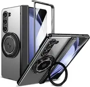 [YQODSZ] for Samsung Galaxy Z Fold 4 Magnetic Case with Ring Holder, All-Inclusive Fold4 Case with Screen Protector Integrated Hinge Protection Kickstand Protective Cover for Z Fold 4 Silver