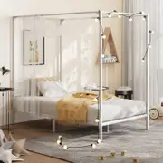 Oikiture Metal Canopy Bed Frame Single Size Beds Platform White
