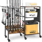 Fishing Rod Holder for Garage, Fishing Equipment Stand can Store 12 Rods and 3-Layer Fishing Tackle Boxs, 360 Degree Rotating Tackle Storage Cart, Fishing Gifts for Fishing Gear Fishing Accessories