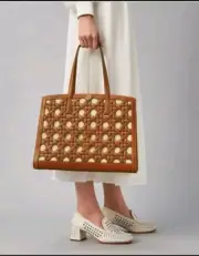 $798 New Tory Burch Basketweave Cuoio Satchel Handbag Bag Leather Walker Mcgraw