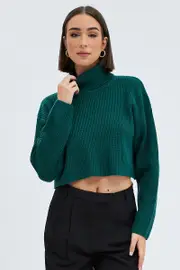 Green Knit Jumper Turtle Neck Crop - Size M, Women's Jumper
