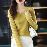 Long-Sleeve V-Neck Plain Ribbed Knit Top Yellow - One Size