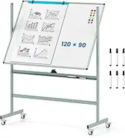 Costway Rolling Whiteboard with Stand, 120 x 90 cm Double-Sided Magnetic Dry Erase Board with Flipchart, 12 Magnets, 6 Markers, 2-Height Adjustable Mobile Easel for Home Office School