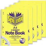 NEW 5x Spirax 596C 5-Subject Notebook 7mm Ruled Coloured Paper Spiral 250 Page A