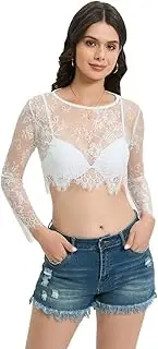 [Malarocoby] Women's Lace Short Top Scoop Neck Long Sleeve Slim T Shirt Sexy See Through Mesh Crop Top Soft Lace Floral Blouse