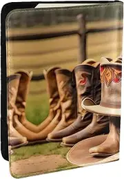 [EdWal] Cowgirl Boots Hat in Farms Print Passport Cover with Credit Card Holder Leather Passport Case, for Women Men Family ID Travel, Black, One Size