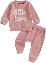 [Winioder] Baby Girl Boy Fall Clothes Cute Letter Embroidery Long Sleeve Sweatshirt Pants Set Toddler 2Pcs Waffle Knit Outfit
