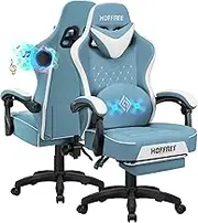 HOFFREE Gaming Chair Computer Chair with Speakers Massage Game Chairs with Footrest Bluetooth High Back Ergonomic Computer Gaming Chairs for Adults Reclining Video Gamer Chair Stone Blue and White