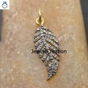 Pave Diamond 925 Silver Gold Vermeil Leaf Charm 16" Link Chain Pendant Jewelry