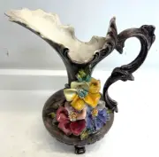 Italian Pewter Capodimonte Ewer Jug Porcelain Flowers Roses Floral 10" Tall