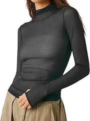 [Geagodelia] Damen Sheer Mesh Langarmshirt Stehkragen Durchsichtige Langarm Oberteil Enge Unterziehshirt Layering Tops Shirts Bluse