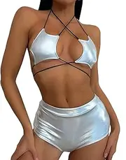 [Generic] Swimming Shorts for Boys 18 Women's Split Swimsuit Star Sequin Silver Neck Strap Bikini Swimsuit Long Swim Shorts for Women Plus
