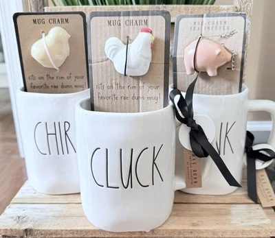 New SET Rae Dunn “Chirp Oink Cluck” Farmline Mugs W/ Pig, Chick & Chicken Charms