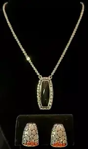 NAPIER Vtg Necklace & Earring Set, Silver Tone Base, Pebble Design & Black Stone
