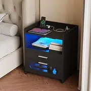 Advwin Bedside Table 2 Drawers, Nightstand with RGB LED Light, Side Table with Wireless Charging Station and USB Port,Black