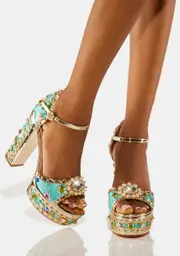 [AZALEA WANG] Teal Cici Jeweled Platform Heels
