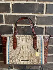 NWT $315 Brahmin Sand Santana Mini Asher Satchel pecan blue beige